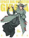  1girl alien antennae breasts character_name choker coat commentary copyright_name dress frilled_choker frilled_coat frills green_choker green_coat green_dress green_hair green_hat guilala hand_up hat highres humanization jinri_shijie large_breasts layered_sleeves long_dress long_sleeves medium_hair open_mouth pointing pointing_up red_eyes short_over_long_sleeves short_sleeves simple_background smile solo tail three-quarter_sleeves tokusatsu uchuu_dai-kaijuu_guilala white_background 