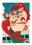  >_< 2girls :< ? absurdres blush braid carrying cellphone cloud commentary_request day dress dripping flower flying_sweatdrops green_skirt hair_flower hair_ornament hands_on_another's_shoulder highres holding holding_phone hug lara_(sayonara_lara) long_hair long_skirt low-tied_long_hair merfolk mermaid monster_girl multiple_girls neckerchief ootsu_mari outdoors phone polo_shirt princess_carry railing red_hair red_neckerchief sayonara_lara shirt single_braid skirt sky smartphone steam stitched_tongue very_long_hair water wet wet_clothes wet_skirt white_dress white_shirt yuri zhanzhangzlw 