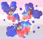  +_+ 1girl :3 =_= ^_^ afro_puffs big_hair blue_fire blush child closed_eyes commentary dark-skinned_female dark_skin dated english_commentary expressive_hair fire flower hairband highres holding holding_pokemon lampent long_hair multiple_views open_mouth pokemon pokemon_(anime) pokemon_(creature) poketoon purple_eyes purple_hair signature sleeves_past_fingers sleeves_past_wrists smile sofkloster vashti_(pokemon) yellow_hairband 