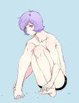  1boy barefoot black_shorts collarbone commentary_request fingernails garma_zabi grabbing_own_feet groin gundam interlocked_fingers knees_together_feet_apart male_focus medium_hair mobile_suit_gundam p.kibi purple_eyes purple_hair short_shorts shorts sitting solo toenails toes topless_male water_drop wet 