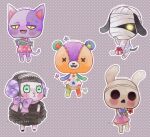  2girls 3boys animal animal_crossing artist_name bandages bear bear_boy bob_(animal_crossing) cat_boy chibi chibi_only coco_(animal_crossing) commentary dog_boy drawkill english_commentary fish flower furry furry_female furry_male gift glowing glowing_eye haniwa_(statue) holding holding_animal holding_fish holding_flower hollow_eyes hollow_mouth horns lucky_(animal_crossing) muffy_(animal_crossing) multicolored_ribbon multiple_boys multiple_girls polka_dot polka_dot_background purple_fur rabbit_girl ribbon sentient_stuffed_toy sheep sheep_girl sheep_horns star_(symbol) stitches_(animal_crossing) stuffed_animal stuffed_toy teddy_bear x_x 