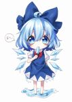  ahoge barefoot blue_dress blue_eyes blue_hair bow bowtie chibi cirno dot_nose dress dress_shirt dripping food full_body hair_bow highres ice ice_wings kyouda_suzuka melting popsicle puffy_short_sleeves puffy_sleeves red_bow shirt short_hair short_sleeves simple_background solo touhou wavy_hair white_background white_shirt wings 