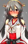  bad_id bad_nicoseiga_id black_hair blush breasts choker commentary_request detached_sleeves grey_background haruna_(kantai_collection) headgear highres kantai_collection long_hair looking_at_viewer medium_breasts nontraditional_miko one_eye_closed red_eyes solo tears tsukui_kachou 