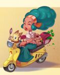  1girl afro amg192003 bow carrot closed_eyes commentary_request dark-skinned_female dark_skin dog eating headband lenora_(pokemon) lillipup lipstick long_skirt makeup motor_vehicle motorcycle on_motorcycle patrat pokemon pokemon_(creature) pokemon_black_and_white shirt skirt spring_onion white_bow white_shirt 