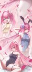  3girls absurdres animal_ears bai_ze:_mu_ye_bing black_leotard blue_eyes blue_leotard breasts color_connection commentary commentary_request covered_navel cyrene_(demiurge)_(honkai:_star_rail) cyrene_(honkai:_star_rail) cyrene_(philia093)_(honkai:_star_rail) dual_persona elf elysia_(honkai_impact) fake_animal_ears falling_petals flower hair_color_connection hair_flower hair_ornament highres honkai:_star_rail honkai_(series) honkai_impact_3rd inoue_marina leotard long_hair looking_at_viewer medium_hair multiple_girls open_mouth petals pink_hair playboy_bunny pointy_ears purple_eyes rabbit_ears shirt small_breasts smile strap_slip thigh_strap thighs very_long_hair voice_actor_connection white_shirt yanning 