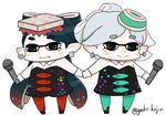  :&gt; aori_(splatoon) black_hair blush_stickers chibi detached_collar diamond_(shape) domino_mask dress earrings eyebrows fangs food food_on_head gaiko_kujin gloves green_legwear holding_hands hotaru_(splatoon) jewelry long_hair mask microphone mole mole_under_eye multiple_girls object_on_head pantyhose pointy_ears red_legwear short_hair short_jumpsuit silver_hair simple_background smile splatoon_(series) splatoon_1 strapless strapless_dress sushi tentacle_hair thick_eyebrows twitter_username unitard white_background white_gloves 