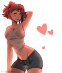 1girl arm_behind_head breasts brown_eyes brown_hair cowboy_shot crop_top devil_survivor_(series) devil_survivor_2 genderswap genderswap_(mtf) heart medium_breasts megami_tensei midriff nemirutami shijima_daichi shirt simple_background solo watermark white_background white_shirt wrinkled_fabric 