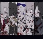  2boys 3girls albina_(project_moon) bags_under_eyes black_eyes black_gloves black_hair blood blood_on_clothes blood_on_face bow chain collar column_lineup commentary gloves glowing glowing_eye gold_collar grey_hair hair_bow highres jacket kira_(project_moon) lemonail limbus_company long_hair looking_at_viewer lucio_(project_moon) metal_collar multiple_boys multiple_girls necktie open_mouth project_moon purple_eyes red_necktie red_vest ren_(project_moon) shirt short_hair sora_(project_moon) tears teeth vest white_hair white_shirt 