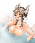  :d alternate_breast_size animal_ears bathing blush breasts brown_hair cathyl closed_eyes collarbone cow_ears cow_girl cow_horns facial_mark horns large_breasts long_hair monster_musume_no_iru_nichijou multicolored_hair nude open_mouth partially_submerged shiny shiny_skin smile solo twrlare upper_body water 