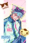  1boy alien_stage animal_ears aqua_eyes bandaid bandaid_on_face bandaid_on_nose black_mask blue_jacket blue_pants commentary_request grey_hair highres ichiha_(pixiv_1450931203) id_card jacket male_focus mask mask_on_hat mouth_hold official_alternate_costume pants pink_ribbon ribbon ribbon_in_mouth short_hair sleep_mask solo star_(symbol) sticker sticker_on_face till_(alien_stage) track_jacket track_pants track_suit very_short_hair 