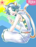  1boy :d ;d animal_ear_hairband animal_ears armpit_crease bandaid bandaid_on_face bandaid_on_knee bandaid_on_leg belt between_legs blush cat_boy cat_ears cat_tail character_name commentary_request curtained_hair fake_animal_ears fingernails from_side full_body grey_hair hairband hand_between_own_legs hand_up hood hood_down hoodie indian_style kemonomimi_mode kikumaru_eiji looking_at_viewer male_focus motion_lines one_eye_closed outline parted_bangs print_belt rainbow_background raised_eyebrows red_belt red_trim ryu-masamune short_hair shorts sitting sleeveless sleeveless_hoodie slouching smile solo star_(symbol) star_print tail tail_raised tareme tennis_no_ouji-sama v white_hoodie white_outline white_shorts 