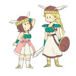  amami_haruka arm_behind_head armor boots bow breastplate brown_hair company_connection cosplay dress green_armor helmet holding holding_sword holding_weapon idolmaster idolmaster_(classic) looking_at_another looking_up namco pauldrons pink_bow scratching_head shield shoulder_armor snow_strawberry_(idolmaster) sweatdrop sword tsubobot valkyrie_(vnd) valkyrie_(vnd)_(cosplay) valkyrie_no_densetsu weapon white_background white_boots white_dress winged_helmet 