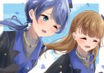  2girls 6th_live_dream_~bloom_garden_party~ :d ;d ^_^ absurdres awoke_(love_live!) black_gloves black_ribbon blue_hat blue_jacket blue_sky braid brown_hair center-flap_bangs closed_eyes cloud commentary_request dollchestra gloves hair_ribbon hat highres jacket kachimachi_kosuzu love_live! love_live!_hasu_no_sora_jogakuin_school_idol_club low_twintails multiple_girls murano_sayaka one_eye_closed open_mouth outdoors raised_inner_eyebrows ribbon seishun_no_rinkaku shiny_hiohio283 side_braids sky smile twintails upper_body virtual_youtuber 