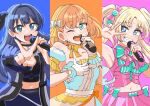  3girls :d ;d ampere_(love_live!) aqua_eyes bare_shoulders black_shirt blonde_hair blue_coat blue_dress blue_eyes blue_hair blue_skirt celebration!_(love_live!) coat column_lineup commentary crop_top cropped_shirt detached_sleeves dress ereka gloves gradient_hair grin hasu_no_sanrenka highres hinoshita_kaho holding holding_microphone looking_at_viewer love_live! love_live!_hasu_no_sora_jogakuin_school_idol_club microphone midriff multicolored_hair multiple_girls murano_sayaka navel one_eye_closed open_clothes open_coat open_mouth orange_hair osawa_rurino pink_shirt pink_skirt pleated_skirt puffy_detached_sleeves puffy_short_sleeves puffy_sleeves shirt short_sleeves skirt sleeveless sleeveless_shirt smile strapless strapless_dress sweat v v-shaped_eyebrows virtual_youtuber w w_over_eye wawo!_(love_live!) white_gloves 