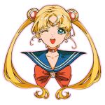  1girl bishoujo_senshi_sailor_moon blue_eyes blue_sailor_collar bow bowtie choker circlet commentary crescent crescent_choker crescent_earrings cropped_shoulders double_bun earrings hair_bun highres jewelry long_hair negi_(fufufuyu) one_eye_closed red_bow red_bowtie red_choker sailor_collar sailor_moon solo teeth transformation_brooch_(sailor_moon) tsukino_usagi upper_teeth_only white_background 