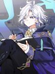  1boy ahoge ascot black_pants book bright_pupils cape cherry_(sp_gkdla) closed_mouth collared_shirt crossed_legs gem genshin_impact gold_thighlet hair_between_eyes highres holding holding_book holding_pen indoors jacket jewelry light_particles long_sleeves male_focus mitya_(genshin_impact) open_book pants parted_bangs pen purple_cape purple_eyes purple_gem purple_jacket shirt short_hair sitting sleeves_past_wrists smile solo split_mouth tassel thighlet white_ascot white_hair white_pupils white_shirt 