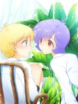  2boys :o aged_down black_shorts blonde_hair blue_eyes blue_neckerchief blurry blush bokeh brown_eyes char_aznable child commentary_request depth_of_field eye_contact garma_zabi gundam highres kneehighs leaning_forward light_frown long_sleeves looking_at_another medium_hair mobile_suit_gundam mobile_suit_gundam_the_origin multiple_boys nature neckerchief no_jacket nose_blush open_mouth outdoors p.kibi plant purple_hair shirt short_hair short_shorts shorts socks sunlight surprised swept_bangs tongue white_shirt white_socks wide-eyed yaoi 
