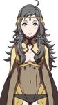  1girl ahoge breasts circlet cleavage covered_navel fire_emblem fire_emblem_if grey_eyes grey_hair official_art ophelia_(fire_emblem_if) simple_background smile solo upper_body 