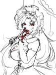  1girl blood blood_on_breasts blood_on_face blood_on_hand breasts cleavage commentary_request dress drinking_blood expressionless greyscale highres holding holding_umbrella korean_commentary la_manchaland_(identity)_(project_moon) large_breasts licking licking_finger licking_own_finger limbus_company limited_palette looking_at_viewer monochrome open_mouth parasol project_moon red_eyes rodion_(project_moon) rodion_coin simple_background spot_color tongue tongue_out umbrella vampire white_background 