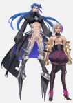  2boys archer_(fate) cosplay crossdressing crossdressing_(mtf) cu_chulainn_(fate) cu_chulainn_(lancer)_(fate) dark-skinned_male dark_skin fate/stay_night fate_(series) highres long_hair looking_at_viewer male_focus meltryllis_(fate) meltryllis_(fate)_(cosplay) multiple_boys pantyhose passionlip_(fate) passionlip_(fate)_(cosplay) short_hair simple_background standing white_background white_hair 