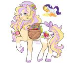  1girl absurdres animal animal_ears apple aqua_eyes blonde_hair blue_flower braid braided_sidelocks cutie_mark flower flower_basket flower_in_hat fluttershy food freckles fruit fusion hat highres hooves horse_ears horse_tail long_hair markings multicolored_hair my_little_pony my_little_pony:_friendship_is_magic mysthooves pink_flower pink_rose pink_streaks pony_(animal) purple_hat purple_ribbon purple_streaks rarity_(my_little_pony) reference_inset ribbon rose sidelocks simple_background smile streaked_hair tail tail_ornament tail_ribbon white_background yellow_flower yellow_fur 