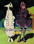 absurd_res aeternus alternative_fashion animal_humanoid anime_style blush brown_body brown_hair brown_skin canid canid_humanoid canine canine_humanoid cat_humanoid clothed clothing comic dandelion demeter_(aeternus) detailed_background dress duo english_text felid felid_humanoid feline feline_humanoid female fennec_fox_humanoid flower fox_humanoid goomyloid goth gothic_lolita grey_clothing grey_dress grey_hair hair hestia_(aeternus) hi_res humanoid j-fashion lolita_(fashion) mammal mammal_humanoid meme night outside pale_skin plant standing text tree why_dis_look_so_mad_(meme)