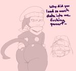 absurd_res angoramon anthro bandai_namco beanie big_butt blush butt clothing digimon digimon_(species) duo hair hair_over_eyes hat headgear headwear hi_res impmon kerchief line_art lxzylux male male/male neckerchief neckwear shortstack shortstack_male smile