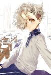  1boy alternate_costume collared_shirt commentary_request cushion freckles gokotai grey_hair hair_ornament hair_over_one_eye hairclip light_smile long_sleeves looking_at_viewer male_focus shinpu_(oresinpu) shirt sitting solo table touken_ranbu trap undercut white_shirt yellow_eyes 