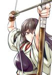  aiming akagi_(kantai_collection) archery arms_up arrow bow_(weapon) brown_eyes brown_hair chaigidhiell drawing_bow gloves highres holding holding_arrow holding_bow_(weapon) holding_weapon japanese_clothes kantai_collection kyuudou long_hair muneate partly_fingerless_gloves single_glove solo tasuki weapon yugake 