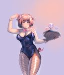  animal_ears bow_(bhp) breasts cleavage cup detached_collar drinking_glass fishnet_pantyhose fishnets hairband large_breasts leotard orange_hair original pantyhose pig_ears pig_tail playboy_bunny_leotard short_hair smile solo tail tray wine_glass wrist_cuffs 