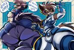 anthro big_butt bodysuit brown_body brown_fur bulge butt clothed clothing clothing_pull doeswhatever english_text fantastic_four fluffy fluffy_tail fur guardians_of_the_galaxy hi_res huge_butt huge_thighs hyper hyper_butt male mammal marvel procyonid raccoon red_eyes rocket_raccoon shortstack shortstack_male skinsuit speech_bubble tail text thick_thighs tight_clothing tight_fit uniform wide_hips