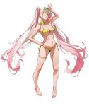  1girl absurdres amam_(64943468) azur_lane barefoot bennington_(azur_lane) bennington_(sunshine_chaser)_(azur_lane) bikini breasts chinese_commentary cleavage commentary_request eyewear_on_head full_body green-tinted_eyewear green_bikini green_eyes heart heart-shaped_eyewear highres large_breasts long_hair looking_at_viewer navel navel_piercing official_alternate_costume piercing pink_hair side-tie_bikini_bottom simple_background solo sunglasses swimsuit thigh_strap tinted_eyewear twintails very_long_hair white_background 