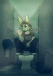 anthro bathroom bloodshot_eyes blue_eyes bottomwear brown_body brown_fur brown_hair cheek_tuft clothing cool_s drugs ear_piercing eyebrow_piercing eyebrow_through_hair eyebrows facial_piercing facial_tuft footwear fur graffiti grin hair hi_res joint joint_in_hand lagomorph leporid long_sleeve_shirt male mammal marijuana occult_symbol pants penis_symbol pentagram piercing profanity rabbit rowan_(sunsetcritterz) shoes smile smoke smoking stoned substance_intoxication sunsetcritterz symbol toilet toilet_paper translucent translucent_hair tuft