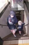  2girls absurdres bag black_hair black_jacket black_shoes black_skirt blazer blonde_hair blue_streaks bow bowtie braid collared_shirt commentary cup day disposable_cup dress_shirt drink ear_piercing from_above hanada_ten hand_in_pocket hand_up highres holding holding_cup holding_drink ichinose_uruha jacket komori_met loafers long_hair looking_at_viewer multicolored_hair multiple_girls on_stairs open_clothes open_jacket outdoors piercing pleated_skirt purple_eyes school_bag school_uniform shirt shirt_tucked_in shoes skirt socks standing standing_on_one_leg streaked_hair subway_entrance twin_braids virtual_youtuber vspo! walking white_shirt white_socks 