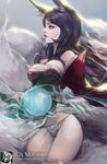  ahri animal_ears artist_name bad_id bad_pixiv_id bamuth bare_shoulders black_hair breasts cleavage detached_sleeves email_address fox_ears fox_tail korean_clothes large_breasts league_of_legends lips long_hair multiple_tails orb panties solo tail underwear watermark web_address whisker_markings 