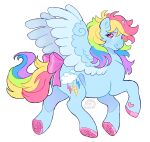  1girl absurdres animal animal_ears blue_fur blue_wings commentary cutie_mark english_commentary highres hooves horse_ears horse_tail mane medium_hair multicolored_hair my_little_pony my_little_pony:_friendship_is_magic mysthooves no_humans pegasus pink_eyes pink_ribbon pony_(animal) rainbow_dash rainbow_hair rainbow_tail ribbon simple_background tail tail_ornament tail_ribbon white_background wings 