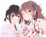  2girls alternate_costume alternate_hairstyle ashigara_(kancolle) black_hair blue_hairband blue_nails blush brown_eyes brown_hair bubble_tea closed_mouth commentary_request cup disposable_cup drinking_straw earrings floral_print haguro_(kancolle) hair_between_eyes hair_ribbon hairband holding holding_cup jewelry kantai_collection long_hair looking_at_viewer low_twintails multiple_girls nail_polish necklace one_eye_closed pink_nails red_ribbon ribbon selfie shirt short_sleeves short_twintails siblings sidelocks signature simple_background sisters smile totto_(naka) twintails upper_body v white_background 