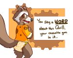 abdl anthro black_nose brown_body brown_fur brown_tail clean_diaper clothed clothing crossed_arms diaper english_text fur gear_symbol guardians_of_the_galaxy hi_res jackgrowling looking_at_another looking_back looking_back_at_another looking_offscreen male mammal marvel offscreen_character open_mouth orange_clothing orange_eyes orange_shirt orange_topwear pantsless pantsless_anthro pantsless_male pattern_diaper peter_quill print_diaper procyonid raccoon rocket_raccoon shirt simple_background tail teeth text topwear wearing_diaper whiskers yellow_clothing yellow_diaper yellow_diaper_frill yellow_shirt yellow_topwear