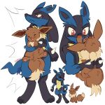 1:1 2026 ambiguous_gender annoyed anthro blue_body blue_fur blush blush_lines dipstick_tail duo eevee eyes_closed featureless_crotch feral fur generation_1_pokemon generation_4_pokemon hi_res holding_another izzy-paw lucario male markings multicolored_body nintendo notched_ear open_mouth pawpads paws pokemon pokemon_(species) red_eyes scar signature simple_background size_difference spikes spikes_(anatomy) tail tail_markings tongue yellow_body yellow_fur