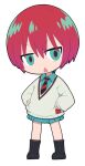  1girl amate_yuzuriha aqua_eyes aqua_skirt black_socks boots chibi collared_shirt commentary_request freckles full_body gundam gundam_gquuuuuux hair_between_eyes hands_on_own_hips long_sleeves looking_at_viewer miniskirt multicolored_eyes multicolored_hair necktie open_mouth osaragi_mitama pleated_skirt red_hair red_necktie school_uniform shirt short_hair simple_background skirt socks solo standing striped_clothes striped_necktie sweater triangle_mouth two-tone_hair v-shaped_eyebrows white_background white_sweater 