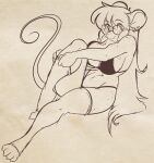 anthro breasts butt clothing curvy_figure ear_piercing ear_ring eyewear female freckled_arms freckled_breasts freckled_butt freckled_ears freckled_face freckled_legs freckled_shoulders freckled_thighs freckles glasses hair hi_res hourglass_figure house_mouse jasmine_(skidd) legwear lingerie long_hair looking_at_viewer mammal monochrome mouse murid murine navel piercing ring_piercing rodent rounded_ears sitting skidd small_nose smile smiling_at_viewer solo stockings tail wearing_glasses