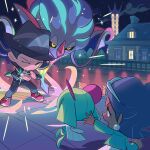  1boy 1girl anjohink black_hair black_hat black_pants black_sclera bracelet building chibi closed_mouth cloud colored_sclera commentary dark-skinned_female dark_skin earrings english_commentary eyelashes eyewear_on_head glowing hat highres jacket jewelry kirlia legs_apart long_sleeves malamar mega_malamar mega_pokemon mega_stone narrowed_eyes night on_rooftop one_eye_closed open_clothes open_jacket outdoors outstretched_arm pants paxton_(pokemon) pokemon pokemon_battle pokemon_legends:_z-a prism_tower railing red_shoes shoes short_hair sightseer_(pokemon) sparkle standing star_(sky) tentacles tower window yellow_eyes 