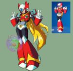  1boy android armor artist_logo blonde_hair blue_eyes boots commentary contagiousshrimp double_v english_commentary fortnite full_body gloves green_background hands_up helmet logo long_hair mega_man_(series) mega_man_x_(series) red_armor red_boots red_helmet reference_inset robot_boy simple_background sketch solo v very_long_hair white_gloves zero_(mega_man) 