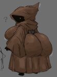 alien belt belt_pouch big_breasts big_butt breasts brown_cloak brown_clothing brown_robe butt cloak clothed clothing curvy_figure female fully_clothed glowing glowing_eyes grey_background hidden_face hood hood_up hooded huge_butt humanoid jawa looking_at_viewer looking_back looking_back_at_viewer not_furry orange_eyes question_mark rear_view robe shortstack shortstack_female side_boob simple_background sketch sleeves sleeves_past_wrists solo standing star_wars submarinechamomile thick_thighs voluptuous voluptuous_female