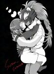 2girls animal_helmet bearcatmon black_background blunt_bangs blush clawed_gloves claws commentary cowboy_shot dark-skinned_female dark_skin digimon digimon_(creature) digimon_beatbreak eye_contact gloves heart hood hood_down hooded_jacket hug jacket long_hair long_sleeves looking_at_another midriff monochrome multiple_girls open_clothes open_jacket parted_lips sakuya_reina shirt short_hair short_shorts shorts sidelocks spiked_gloves standing star_(symbol) star_print suta_(sutan_sutata) twitter_username yuri 
