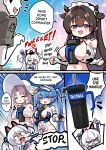  1boy 4girls animal_ears animal_print azur_lane bare_shoulders bell between_breasts bikini blue_hair blue_leotard blush breasts bridal_gauntlets brown_hair cat_ears choker cleavage commander_(azur_lane) commentary cow_ears cow_girl cow_horns cow_print cow_print_bikini cow_print_bridal_gauntlets cow_print_gloves cow_print_sleeves cowbell cross cross_choker cup detached_collar detached_sleeves eagle_union_(emblem) english_commentary essex_(azur_lane) essex_(start_line_splash)_(azur_lane) fake_animal_ears fingerless_gloves front_zipper gloves grey_hair hammann_(azur_lane) hammann_(blushing_fellow)_(azur_lane) hat highres hm_(hmongt) holding holding_cup horns huge_breasts kashino_(azur_lane) kashino_(fresh_and_sweet)_(azur_lane) large_breasts large_hat leotard long_hair micro_shorts military military_hat military_uniform multicolored_leotard multiple_girls naval_uniform neck_bell official_alternate_costume open_mouth peaked_cap print_bikini print_bridal_gauntlets print_gloves purple_eyes race_queen racetrack see-through_clothes see-through_sleeves shorts small_breasts sun_hat swimsuit twintails two-tone_leotard two_side_up undersized_breast_cup very_long_hair visor_cap white_bikini white_choker white_hair yellow_eyes yorktown_(azur_lane) yorktown_ii_(azur_lane) yorktown_ii_(bright-sky_mermaid)_(azur_lane) zipper_leotard 