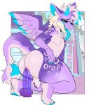 absurd_res anal anal_penetration anthro anthro_penetrated anus back_wings ball_tuft balls black_sclera blue_highlights blue_pawpads butt cheek_tuft curved_horn dildo dildo_in_ass dildo_insertion dildo_sitting dragon english_text facial_tuft feathered_dragon feathered_scalie feathered_wings feathers forked_tongue genitals grey_body grey_feathers grey_hair hair half-closed_eyes hi_res highlights_(coloring) horn looking_pleasured male male_penetrated markings mythological_creature mythological_scalie mythology narrowed_eyes nude nude_anthro nude_male object_in_ass open_mouth open_smile pawpads paws penetration perineum purple_body purple_feathers scalie sex_toy sex_toy_in_ass sex_toy_insertion smile sparkibarki spots spotted_body spotted_feathers tail tail_tuft text tongue tongue_out tuft wings