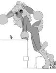  1boy 1girl :3 alloyrabbit animal_ears animal_nose arm_support barefoot black_sclera blush body_fur bus closed_mouth colored_sclera commentary completely_nude english_commentary flat_chest from_side full_body furry furry_female furry_male giant giantess greyscale happy highres lamppost leaning_forward legs long_hair looking_at_another looking_down lopunny monochrome motor_vehicle navel nipples nude partial_humanization pokemon pokemon_(creature) rabbit_ears rabbit_girl rabbit_tail short_tail sidelocks smile standing tail thighs white_background wreckage 