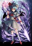  absurdres ascot bat_wings blue_hair dark_persona dress fang frilled_dress frills full_moon hat hat_ribbon highres looking_at_viewer moon red_eyes red_moon remilia_scarlet ribbon short_hair slit_pupils smile solo spear_the_gungnir touhou uzura_purin white_legwear wings wrist_cuffs 