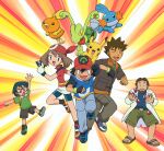  1girl 4boys :3 =_= absurdres anime_coloring arm_up artist_request ash_ketchum backpack bag bandana baseball_cap beard belt bike_shorts bike_shorts_under_skirt black-framed_eyewear black_belt black_gloves black_hair black_socks blue_eyes blue_pants blue_shirt blue_shoes blue_shorts brock_(pokemon) brother_and_sister brown_hair brown_jacket brown_pants brown_sandals brown_shorts child clenched_hands closed_eyes closed_mouth coat collared_shirt commentary dark-skinned_male dark_skin dot_nose english_commentary eyelashes facial_hair fingerless_gloves full_body glasses gloves green_shirt green_shoes green_shorts grey_shoes hair_between_eyes hat highres holding holding_poke_ball jacket lab_coat max_(pokemon) may_(pokemon) medium_hair mudkip multiple_boys nostrils official_art on_head open_clothes open_coat open_mouth pants pikachu poke_ball poke_ball_(basic) pokemon pokemon_(anime) pokemon_(creature) pokemon_on_head pokemon_the_series:_ruby_and_sapphire professor_birch promotional_art red_bandana red_hat red_shirt sandals shirt shoes short_hair short_sleeves shorts siblings skirt smile socks spiked_hair starter_pokemon_trio third-party_source toenails toes torchic treecko white_coat white_gloves white_skirt 